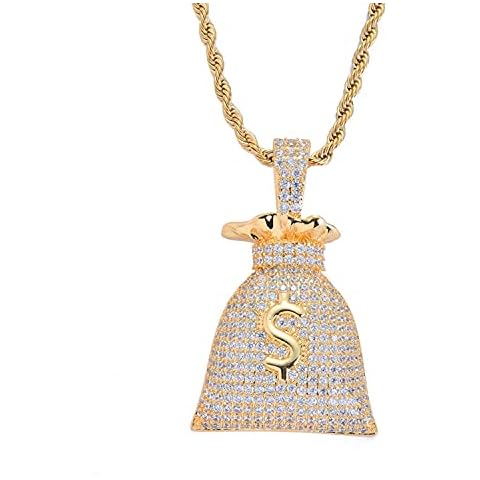 KMASAL Jewelry Men Hip Hop Money Bag CZ Cluster Pendant Iced Out Bling Cubic Zircon 18K Gold Plated Diamond Necklace with Stainless Rope Chain (Gold $) Cover