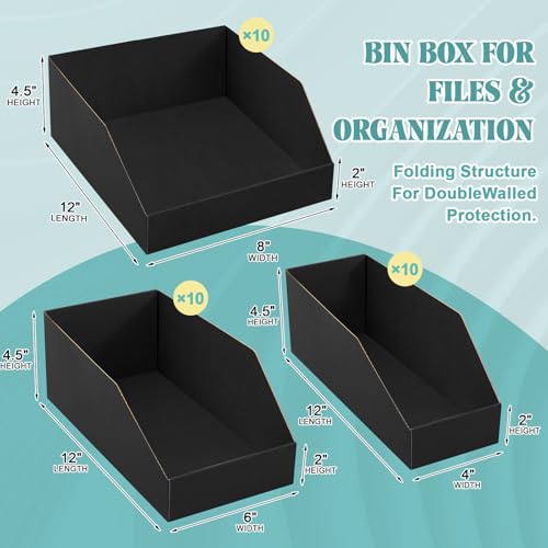 Image of Fuyoooo 30 Pack 12 x 4 /6 /8 x 4.5 Inches Cardboard Storage Bins Open Top Bin Boxes Black Corrugated Shelf Organizer Bins for Pantry, Parts, Garage, Snacks, Bottles, Cans or Warehouse Home Cubby