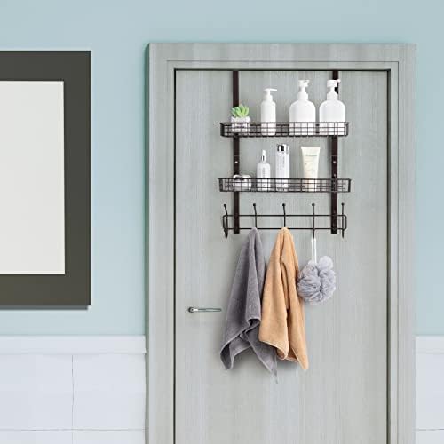 UOMIO Over The Door Storage Rack with Hooks Bedroom Storage Shelf Heavy Duty Steel Coat Rack Basket Holder Over Door Racks Towel Hooks with 5 Hooks & 2 Baskets for Bathroom, Bedroom, Office(Brown)