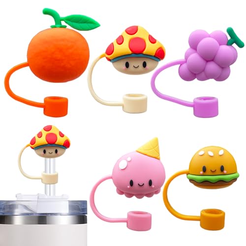 5PCS Straw Cover Cap for Stanley Cup, Silicone Cute Fruits & Food Straw Topper for Stanley 30&40 Oz Tumbler with Handle, 10mm 0.4in Dust-Proof Reusable Straw Tips Lids. (Color 7)