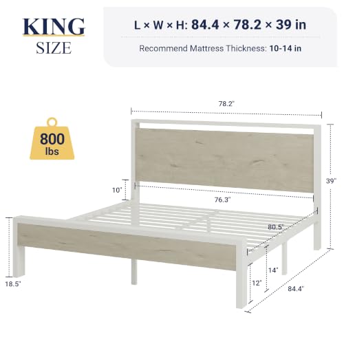 Image of Allewie King Size Bed Frame, Heavy Duty 12 Metal Slats Support, White | Wooden Headboard and Footboard, Modern Platform Bed, No Box Spring Needed, Under-Bed Storage, Noise Free, Easy Assembly