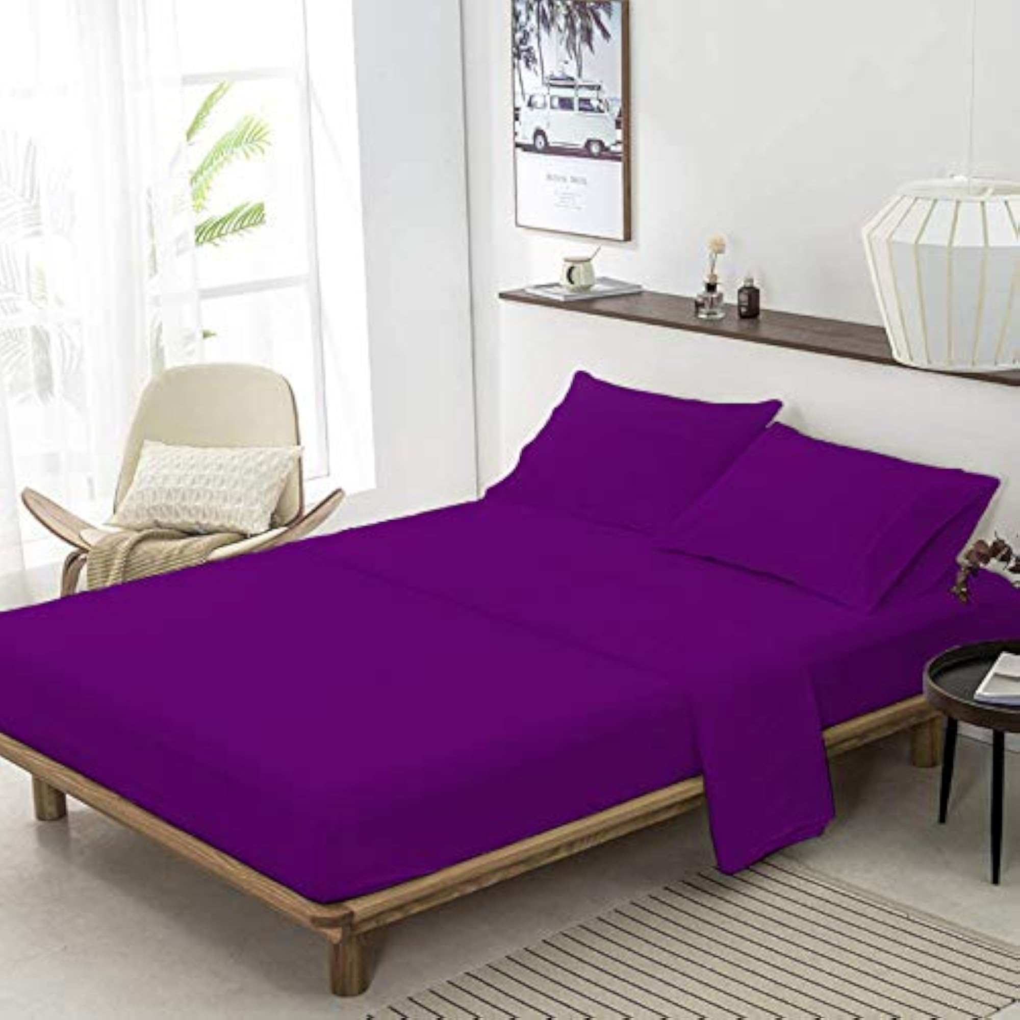 Cotton Purple Flat Bedsheet with 2 Pillow Cases for Queen Bed