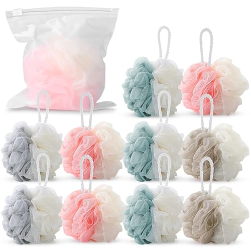 Ttarxug 10 Pack Soft Travel Loofah with Individually Wrapped, 4 Inches Small Travel Bath Pouf Shower Loofah Sponge for Body Exfoliating, Lanyard Design, Multicolor