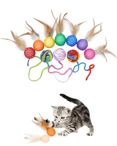 PET SHOW 10 Pack Cat Toys - Woolen Yarn Cat Balls, Interactive Mesh Feather Ball, String Toy for Indoor Cats, Chase Training Activity for Kittens