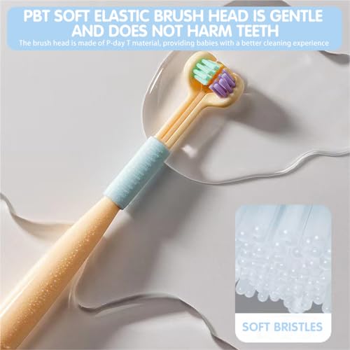 Image of HANNEA 3Pcs Kids Toothbrush Set, Three-Sided Soft Bristles, Tongue Scraper | Front and Back Coverage, Gentle Gum Contact, Built-In Tongue Cleaning, Daily Oral Care for Children