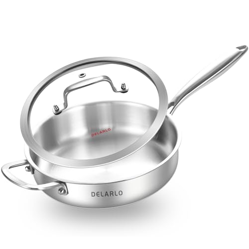 Image of DELARLO Tri-Ply Stainless Steel 3QT Saute Pan With Lid, Deep Frying Pan, Induction Large Skillet, Cooker Pan, Dishwasher & Oven Safe