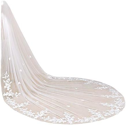 ELAWBTY 1 Tier Floral Lace Wedding Bridal Veil For Bride 3.5M Ivory Royal Length