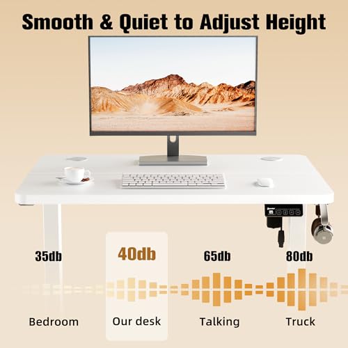 Image of ERGOMAKER Electric Standing Desk 80x60cm (31 inchx23.6 inch), Height Adjustable Sit Stand Desk with Splice Board for Home Office, Computer Desk Memory Preset (White Frame + White Desktop)