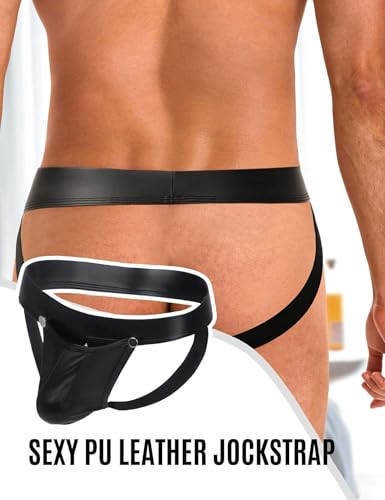 ohyeahlady PU Leder Strings für Herren Tanga mit Öffnung Sexy Unterwäsche Große Größen Dessous Reizwäsche Ouvert Slip Wetlook Unterhosen Thong Low-Rise Pouch Underwear Jockstrap Briefs Schwarz L