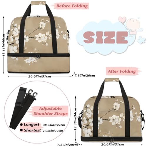 Large Weekender Overnight Bags Flower White Japanese Travel Duffel Bag for Women Men Gym Bag With Shoe Compartment Foldie Travel Tote Bag Carry On Personal Item Bag for Travel Gym Sports2