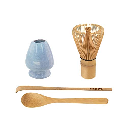 BambooMN Brand - Matcha Green Tea Whisk Set - Whisk + Scoop + Tea Spoon + Shimmering Blue Whisk Holder