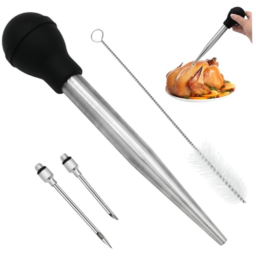 fkngcp 1 Set de Pavo baster sarter Acero Inoxidable jeringa de Pavo y jeringa con Bomba de Silicona Incluye Agujas Desmontables y Cepillo de Limpieza, inyector de Carne para cocinar