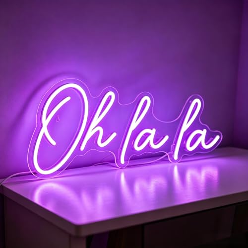 Image of Oh La La Neon Sign, Purple USB Powered Dimmable Neon Light, Cute French Quote Light Up Sign for Home Bedroom Makeup Room Nail Salon Shop Wall Decor Art, Gift for Young Girls Adults 16.5 x 8.3 Inch