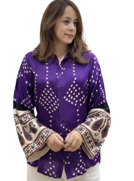 Women's Printed Shirt, Bell Sleeves with Embroidered Cuffs, Collared Neck, Button Front, Casual Ethnic Style (in, Alpha, 2XL, Regular, Purpal-Bandhni) : Amazon.in: Clothing & Accessories