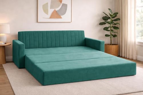 Image of Sofa-Cum-Bed | Three-Seater Foladable Sofa with Armrest | Modern Fabric Sofa Bed for Living Room, Bedroom & Office - Green Color