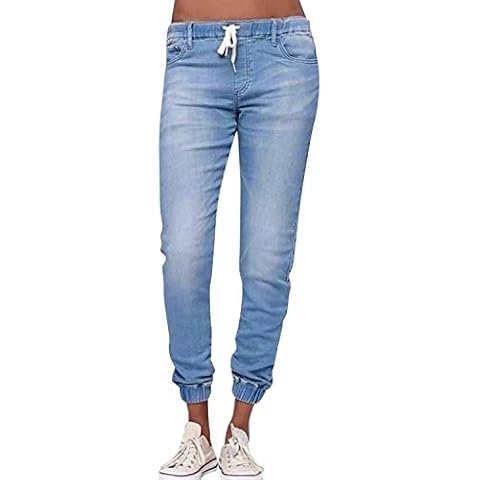Womens Mid Rise Drawstring Elastic Waist Denim Pants Solid Color Casual Jeans Joggers with Pockets (12, Light Blue) Cover