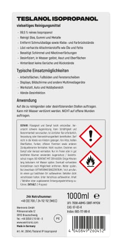 TESLANOL 26045 Isopropanol 1l 99,5 % Alkohol Reiniger zum Entfetten & Reinigen von Oberflächen Desinfektionsmittel / Reinigungsalkohol / Flächendesinfektionsmittel / 1000ml