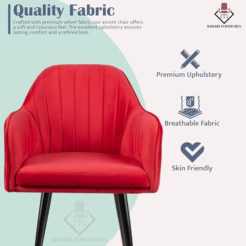 Image of Plush Dining Chair | Accent Chair for Living Room Bedroom Restuarant | Velvet Fabric & Thick Cushion Seat with Sturdy Glossy Metal Legs (Black Legs, Red)