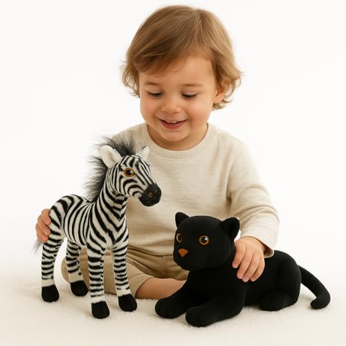 Image of Zebra (30cm) & Black Panther (25cm) Soft Toy Combo - 2 Wild Animal Plush Toys for Kids | Soft & Huggable | Realistic with Fluffy Mane & Embroidered Details | Boys & Girls