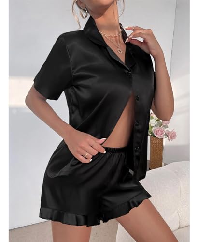 SWOMOG Women's Silk Satin Pajamas Set Short Sleeve Button Down Sleepwear Ruffle Hem Shorts PJ Sets Two-Piece Loungewear2