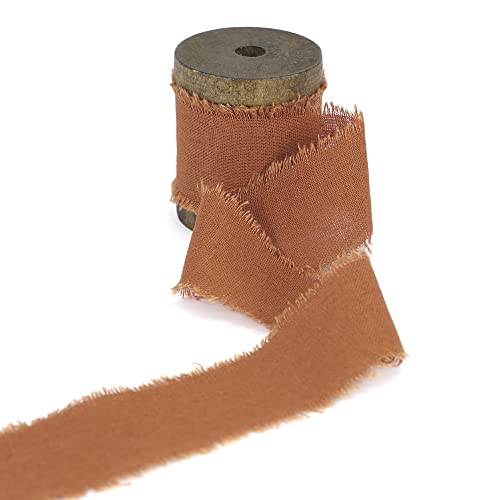 Huihuang Terracotta Cotton Linen Ribbon 1.5 Inch Handmande Rustic Frayed Edge Ribbon On Wooden Spool Fringe Fabric Ribbon For Wedding Bridal Bouquet, Invitation Tie, Baby Shower, Gift Wrap - 5 Yards #TOP2