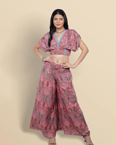 Image of Women's Poly Silk Cowl Sleeves Crop Top with Palazzo Pants