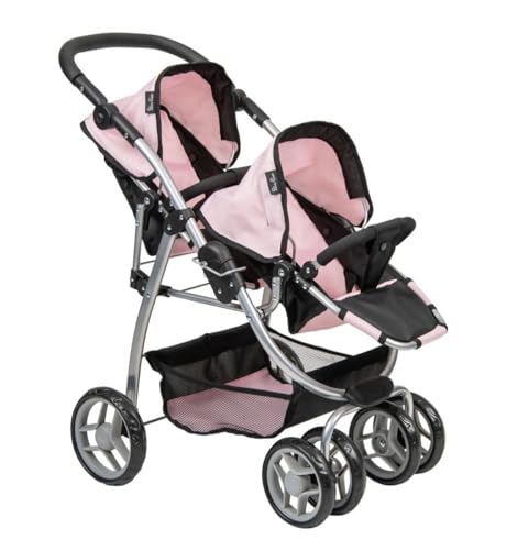 Silver Cross Twin Wave Dolls Stroller Pink and Black Double Pushchair with Silver Frame Age 3+ 67L x 46W x 73H cm