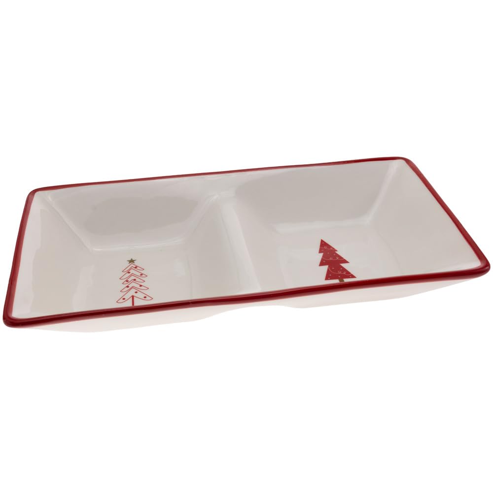 Boston International Ceramic Divided Plate Christmas Serving Platter Tray, 10.5 x 5.5 Inches, Festive Trees