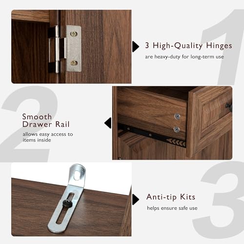 Image of Ball & Cast 71″Tall Farmhouse Kitchen Pantry Cabinet with 3 Pull Out Shelves & 2 Large Drawers,Versatile Pantry Storage Cabinet w / 6 Door Shelf & Adjustable Shelves for Kitchen,Dining Room,Walnut