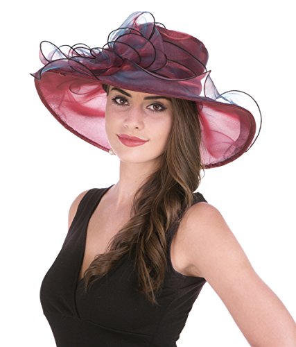 Lucky Leaf Women Kentucky Derby Church Beach Fascinators Hat Wide Floral Brim Flat Hat With Bowknot (Hat2-Burgundy) #TOP1