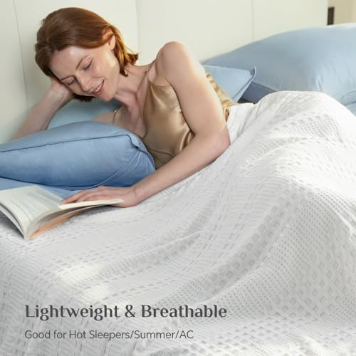 Image of BEDELITE Cooling Waffle Blanket Queen Size - Lightweight Breathable Cotton Summer Blanket of Rayon Derived from Bamboo for Hot Sleepers, Soft Throws for Bed, Couch and Sofa, White, 90x90 Inches