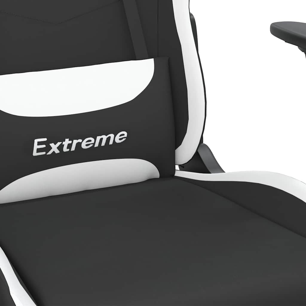 Gaming-Stuhl mit Massagefunktion und Fußstütze, Ergonomischer Bürostuhl aus Stoff, 360 Grad drehbarer Schreibtischstuhl, Höhenverstellbarer Relaxsessel Schwarz und Weiß