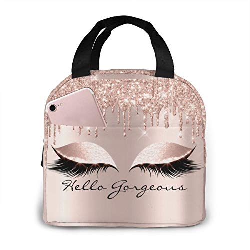 Antoipyns YK33JPEYEIEHOSMJQXSK2UY3ZKZZNNAO Lunch Bag Pants Pink Rose Gold Drips Makeup Lashes Hello Gorgeous Girls Kids Insulated Picnic Pouch Thermal Cooler Tote Cute Bento Bag Big Leakproof Soft Bags Lunch Camping Box Bags cover