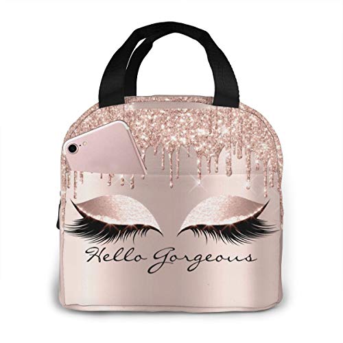 Lunch Bag Pants Pink Rose Gold Drips Makeup Lashes Hello Gorgeous Girls Kids Insulated Picnic Pouch Thermal Cooler Tote Cute Bento Bag Big Leakproof Soft Bags Lunch Camping Box Bags