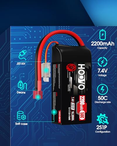HOOVO 2S Lipo Battery 2200 mAh 7.4 V 50C SoftCase Short Pack Lipo Batteries with T Plug RC Battery for 1:16 RC Car Truck Helicopter Airplane Rock Crawler Airplane Helicopter (2 Packs)
