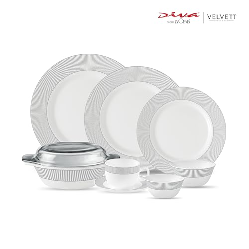 Image of La Opala Diva Velvett Collection Opal Glass Crockery | for Family of 8 | Dinner Set 62 pcs Imperial Grey | Plates & Bowls for Dining | Microwave Safe | 100% Vegetarian | Extra Strong | Light & White