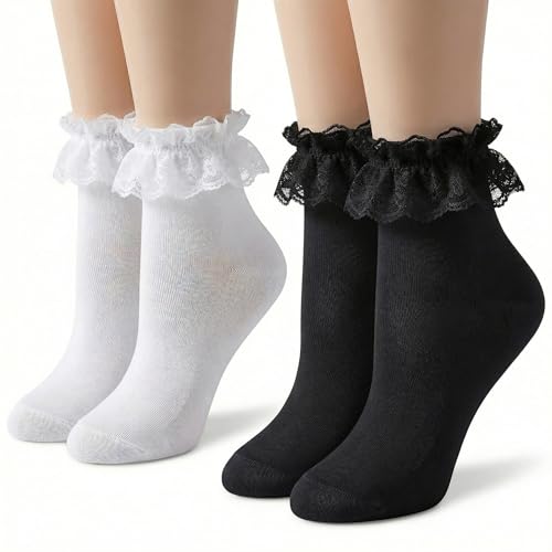 VVQWCY 2 Paar Socken mit Rüschen Damen Dirndl Söckchen für Frauen Mädchen (Weiß+Schwarz)