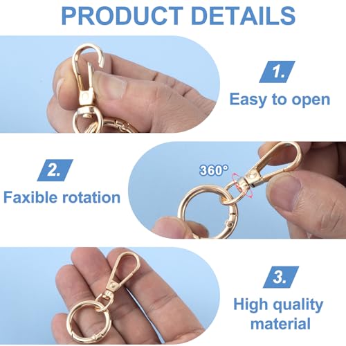 OIIKI 2 Sets Swivel Clasp Clip, Metal Swivel Snap Hooks, Double Opening Key Chain Clip with Key Ring for DIY Crafts, Jewelry Clasps, Lanyard Making -Light Gold