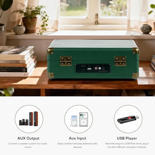 Image of Record Player Portable with Bluetooth Connection USB Playback and Built in Rechargeable Battery 3 Speed Turntable Suitcase Design Vinyl Player with Built in Speakers for Home or Travel