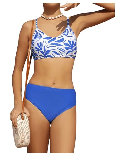 OYOANGLE Girl's 2 Piece High Waisted Bikini Set Floral Print Spaghetti Strap Cute Swimsuits Vacation Bathing Suits