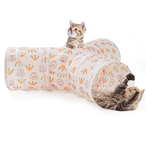 Image of Tempcore Cat Tunnel for Indoor Cats, 3 Way Collapsible Pet Play Tunnel with Teaser Wand, Peek Holes & Hanging Ball, Interactive Tube for Kittens & Rabbits, Pink Rabbit