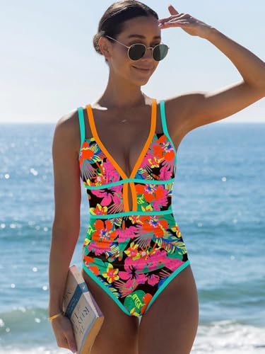 Image of popvil Women One Piece Swimsuit 2026 Tummy Control Sexy Cutout Neon Color Block Bathing Suit Slimming Adjustable Swimwear