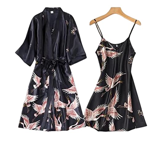SERUMY Robe de chambre pour femme 2 pièces - Robe de mariée et demoiselle d'honneur - Robe de nuit décontractée - Noir - Taille L Cover