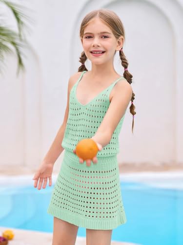 Image of Haloumoning Girls Sleeveless Crochet Swimsuit Cover Up Kids Summer Hollow Out Knitted Beach Dress 7-14 Years