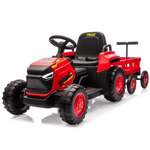 Garvee Tracteur Électrique Enfants avec Remorque Amovible, 12V Voiture Électrique 6 Pneus avec Télécommande, Musique, Double Moteurs, Phares LED pour Enfants de 3-6 Ans (Rouge)