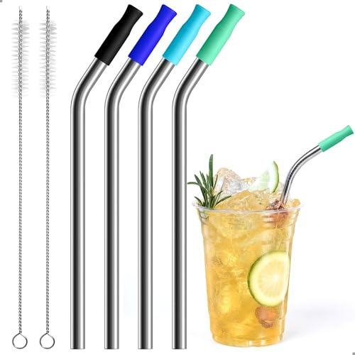 BUTRRRK Portable Travel Straws Set 6 Inch, 4 Pack Short Bent Stainless Steel with Comfort Silicone Covers, Reusable Mini Metal Straws for Outdoor, Camping & Picnic, Fits Small Tumblers, Bag Included