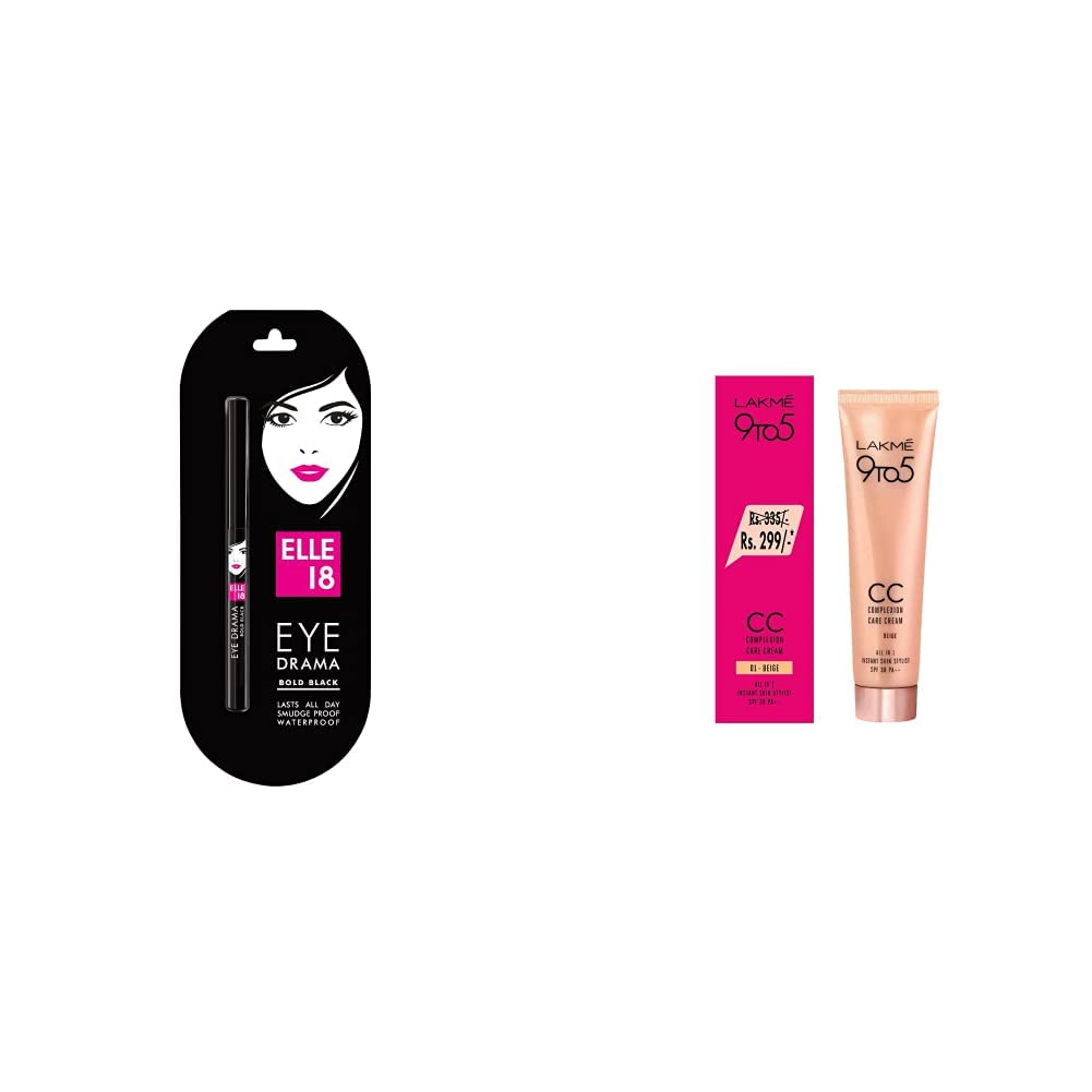 Elle 18 Eye Drama Kajal Matte Finish, Bold Black, 0.35g and Lakme 9 to 5 Complexion Care Face Cream (Beige, 30g)