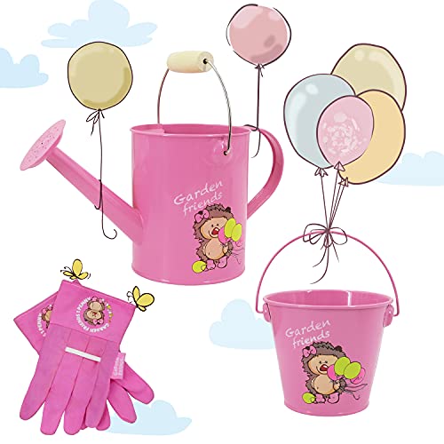 Hortem Arrosoir de jardin en métal pour enfants - Pour plantes et fleurs - Revêtement en poudre antirouille avec motif hérisson - 1,5 l - Rose Cover