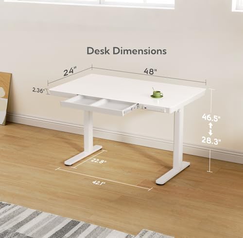 Image of INNOVAR Glass Standing Desk with Drawers & USB Ports,48 inch Whole-Piece Glass Top Adjustable Height Desks, Quick-Install Electric Sit-Stand Up Desk for Home Office & Computer Workstation, White