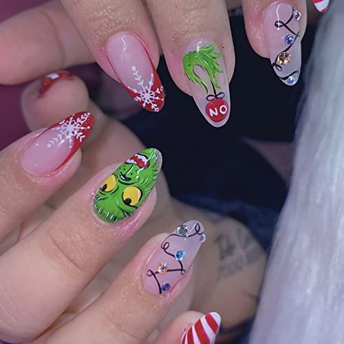 Christmas Almond Press on Nails Medium Length French Tip Fake Nails with Diamonds Gloss Acrylic Artificial Full Cover Stick on Nails Snowflake Design False Nails for Women Girls Kids 24Pcs（Red Green）